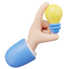 3D hand holding yellow lightbulb on blue background. Business creative idea, Great ideas competition, brainstorm thinking in work, Success education concept. Cartoon icon style. 3d render illustration