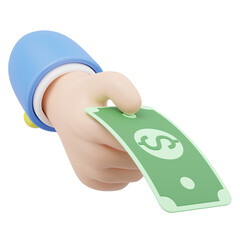 Payment icon for shopping online. 3D Hand holding banknote. Cartoon businessman wearing suit holds money floating isolated on blue background. Withdraw money, Easy shopping concept. 3d minimal render.