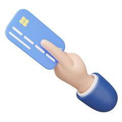 3D Hand holding Credit card and floating isolated on blue background. Online store credit card or debit cards accept. Withdraw money, Easy shopping, Cashless society concept. Cartoon minimal 3d render