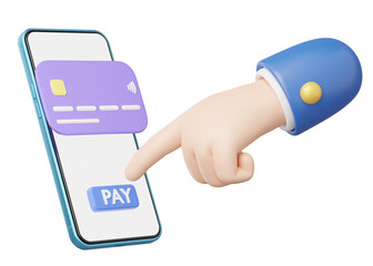 3D Hand press pay button icon. Phone with credit card float on blue background. Mobile banking, Online payment service. Withdraw money, Easy shop, Cashless society concept. Cartoon minimal 3d render.