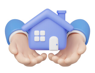 3D Toy House in hand floating isolated on blue background. Hand holding home icon. Investment, real estate, mortgage, offer of purchase house, loan concept. Mockup Cartoon minimal icon. 3d rendering.