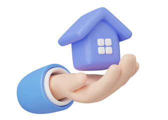 3D Toy House in hand floating isolated on blue copy space background. Hand holding home icon. Investment, real estate, mortgage, offer purchase, loan concept. Mockup Cartoon minimal icon. 3d rendering