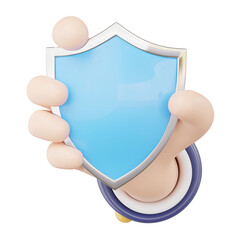 3d Data security protection icon. Businessman hand holding shield floating on blue background. Protect business data network security computer concept. Cartoon minimal style. 3d render illustration.