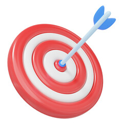 3d blue arrow in red bullseye with shadow. Target landing web page. Business finance, Marketing goal success, target achievement concept. cartoon icon minimal. 3d render with clipping path.