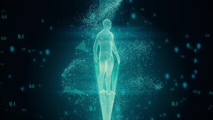 Digital human figure in a dark abstract cyber space with blue lights shining through his body. Concept hologram technology. Points, plexus, polygons, binary code connections. 4k loop render graphics - Powered by Adobe