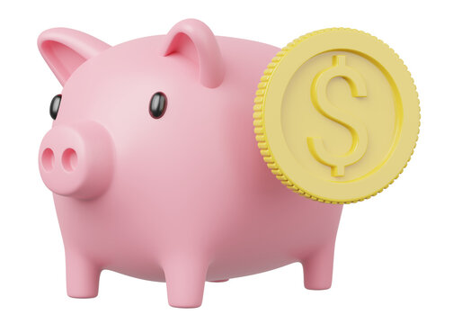3d Money box with coin icon. Pink piggy bank floating on blue background. Save dollar in mobile banking. Online payment service. Saving money wealth. Business cartoon style concept. 3d icon render.