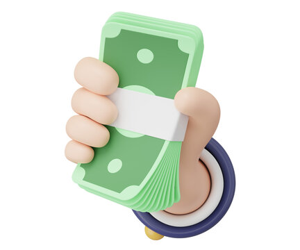 3D Hand holding bundle banknote icon. Cartoon businessman wearing suit hold cash money floating isolated on blue background. Money saving, shopping online payment concept. 3d Cartoon minimal render