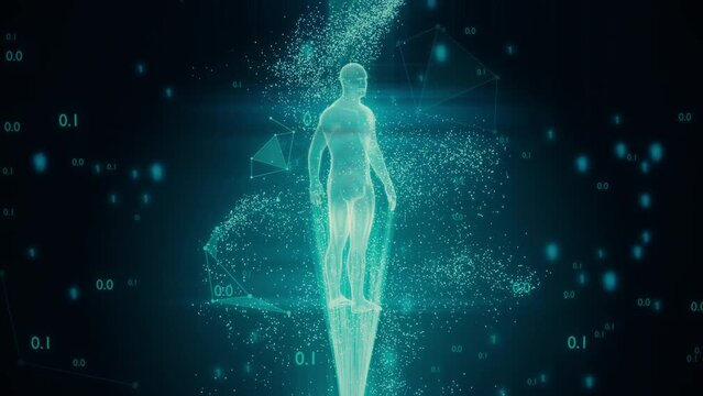 Digital human figure in a dark abstract cyber space with blue lights shining through his body. Concept hologram technology. Points, plexus, polygons, binary code connections. 4k loop render graphics