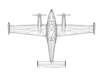 Airplane wireframe with propeller from black lines isolated on white background. View from above. 3D. Vector illustration. © German Ovchinnikov