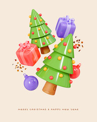Naklejka premium 3D Happy New 2023 Year banner with Christmas tree, decoration balls and gift boxes. Holiday party. Xmas poster, greeting card and flyer. Cartoon creative design celebrate illustration. 3D Rendering