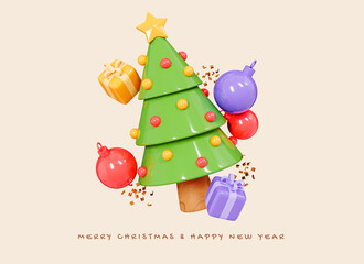 3D Happy New 2023 Year banner with Christmas tree, decoration balls and gift boxes. Holiday party. Xmas poster, greeting card and flyer. Cartoon creative design celebrate illustration. 3D Rendering