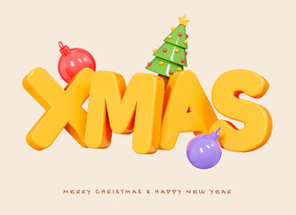 3D Merry Christmas banner with festive decoration balls and Christmas tree. Happy New Year and Xmas poster, greeting card and flyer. Cartoon creative design celebrate illustration. 3D Rendering