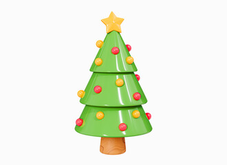 3D Christmas tree with festive decoration. Xmas element for banner, poster and greeting card. Abstract pine green tree. Cartoon creative design icon isolated on white background. 3D Rendering