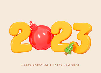 Fototapeta na wymiar 3D Happy New 2023 Year banner with Ball decoration and Christmas tree. Xmas poster, greeting card and flyer. Cartoon creative design celebrate illustration isolated on yellow background. 3D Rendering
