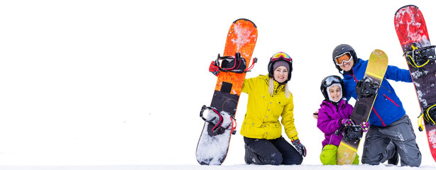 Portrait of happy family with snowboards looking at camera on white background.