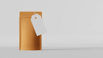 Pouch bag branding template price tag mockup white background 3D animation. Merchandise packaging design. Blank kraft paper pack coffee beans sachet product.Tea food snack delivery Shop sale Hot offer