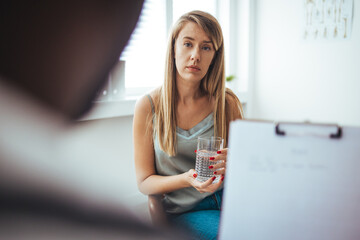 A young female adult is feeling sad while at her doctor's office. She has her head down. A young...