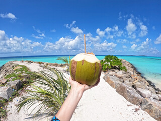 A woman's hand holding a coconut with a drinking straw on the coast of the Maldives in a photo of...