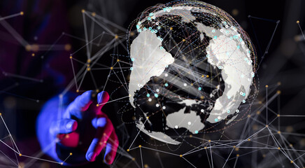 world Global network. Blockchain. 3D illustration. Neural networks and artificial intelligence. Abstract
