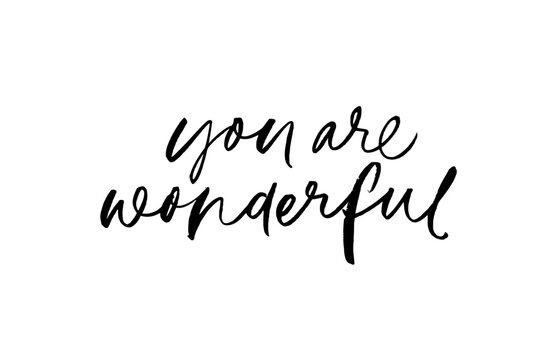 You are wonderful modern calligraphy text. Black brush vector calligraphy. You are wonderful inspirational card. Self motivational quote, compliment. Hand drawn lettering isolated on white background.