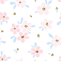 Simple gentle calm floral vector seamless pattern. Pink flowers, light blue leaves on a white background. For fabric prints, textiles, clothes. Spring-summer collection.
