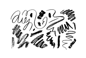 Charcoal doodle thin lines. Chaotic hand drawn scribble sketch isolated on white background. Dry black curved and swirled lines with dots. Set of vector grungy graphite pencil strokes. 