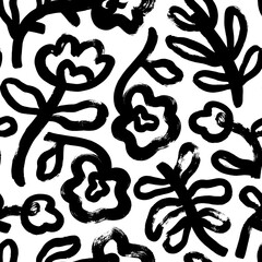 Seamless pattern with flowers in naive style. Bold geometric flowers with petals and leaves. Abstract daisy and chamomile branches. Ornament in retro style with plants drawn with thick strokes.