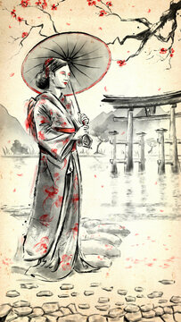 A Japanese beautiful girl in a kimono with makeup on her face and a wagasa umbrella in her hands walks in the garden. Above is a branch of sakura with falling leaves. 