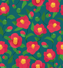 Red Camellia flowers with leaves seamless vector pattern on green background. Floral illustration for branding, package, fabric and textile, wrapping paper