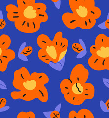 Orange camellia flowers seamless abstract pattern on blue background. Floral vector illustration for web, site, advertising, banner, poster, board and print