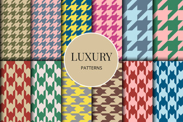 Obraz premium Houndstooth seamless patterns set. Fabric background. Classical checkered textile collection