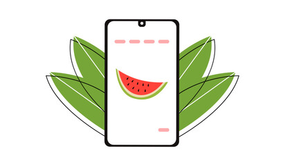 A phone with fruit on the screen.  Illustration for a website, banner. Mobile app with food delivery