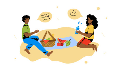 a couple communicates at a picnic. Communication on the exchange, a picnic. Family leisure