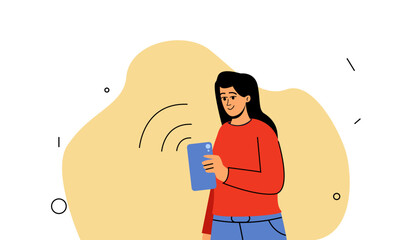 A girl with a phone, online communication. Chat with friends, family online