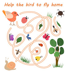 Obraz premium Maze game for preschool children. Help the bird to fly home labyrinth for kids with cute bright insects and bird in flat cartoon style. Vector illustration isolated on white background