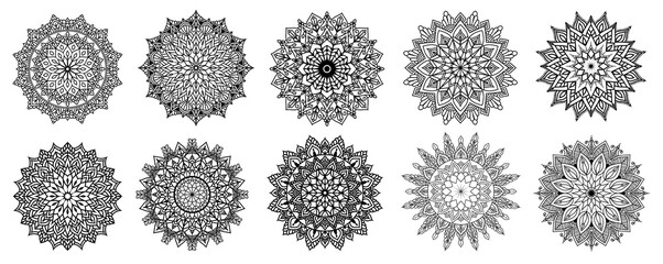 Floral Mandala Vector Pack of 10, Ornament round set with a mandala, Vintage decorative elements. Oriental pattern, vector illustration. Islam, Arabic, Turkish, Pakistan, Chinese, Mandala bundle 
