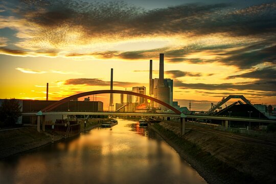 GKM Mannheim power station with a bridge and a sunset view in the background