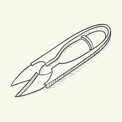 Sewing clippers. Black and white sketch vector illustration.