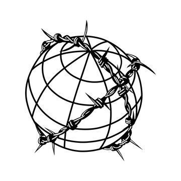 linear representation of a planet in barbed wire.vector illustration.stylized image isolated on white background.modern typography design perfect for t shirt,poster,banner,tattoo,greeting card,etc