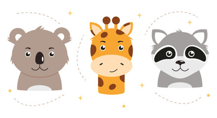 Set of cute cartoon animals isolated on white background. Giraffe, koala and raccoon. Vector illustration