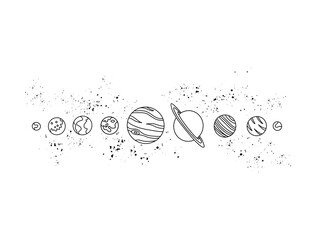 Planets silhouette in black outline: Mercury, Venus, Earth, Mars, Jupiter, Saturn, Uranus and Neptune. Use for a logo, as a sketch of a tattoo, for printing postcards and posters © Tatyana