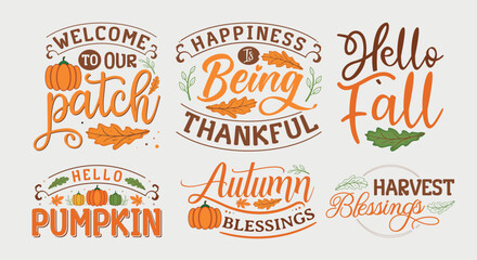 Set of fall and autumn lettering, fall and autumn isolated hand drawn typography design for greeting print label poster vector illustration
