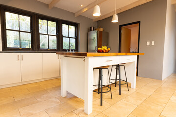 General view of luxury interior of kitchen with countertop and fridge