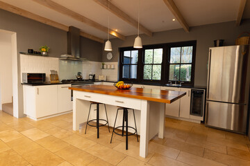 General view of luxury interior of kitchen with countertop and fridge