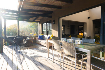 General view of luxury interior of terrace with table and chairs