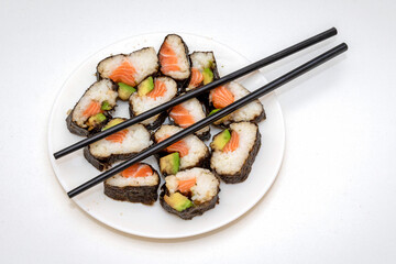 Sushi on plate with chopsticks