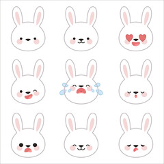 Set of cute rabbit faces with different emotions in kawaii style on a white isolated background.