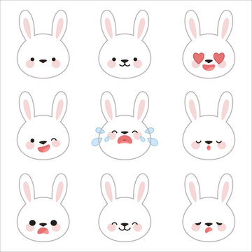 Set of cute rabbit faces with different emotions in kawaii style on a white isolated background.