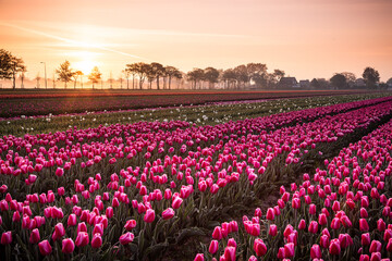 Fototapeta premium Pinkes Tulpenfeld mit Sonnenaufgang in Holland