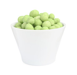 Tasty wasabi coated peanuts in bowl on white background